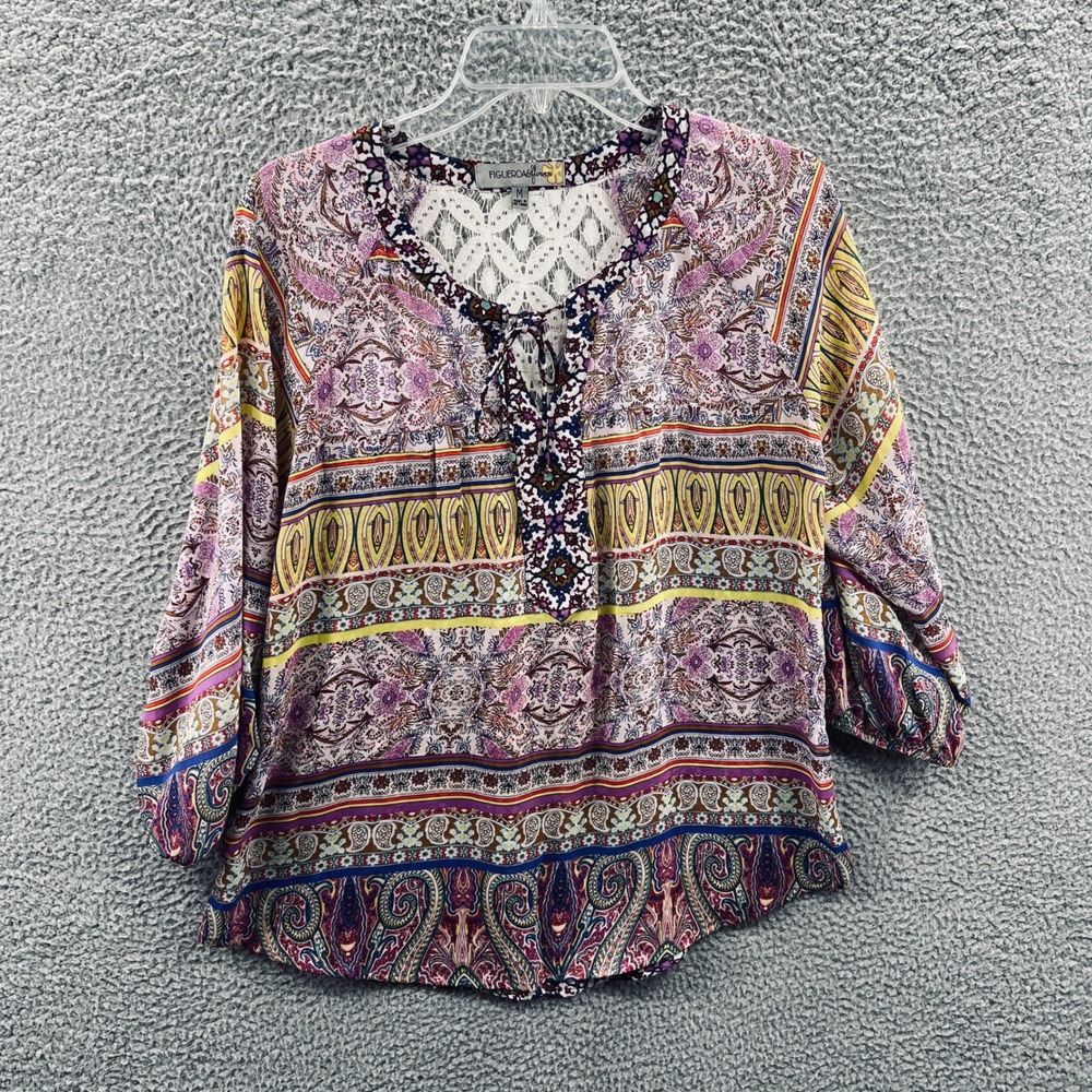 Figueroa And Flower Womens Boho Peasant Top M Colorful Paisley Hippie Festival